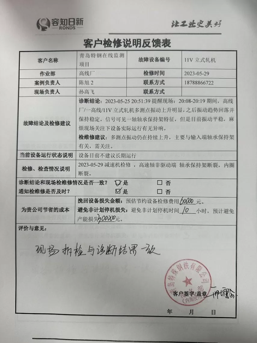 Qingdao Special Steel Co., Ltd. Online Monitoring Project 11V Vertical Rolling Mill